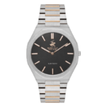 Beverly Hills Polo Club ženski sat s okruglim srebrnim kućištem, crnim brojčanikom i dvobojnom narukvicom od nehrđajućeg čelika.