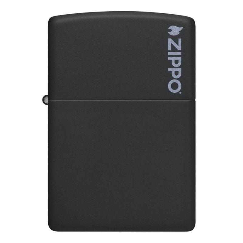 crni Zippo upaljač sa zippo logom na prednjoj strani