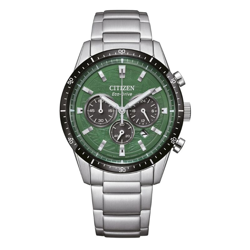 Citizen CA4624-56X muški Eco-Drive hronograf, srebrno čelično kućište i narukvica, zeleni brojčanik sa tri podbroja, prikaz datuma, mineralno staklo, vodootpornost do 100 m.