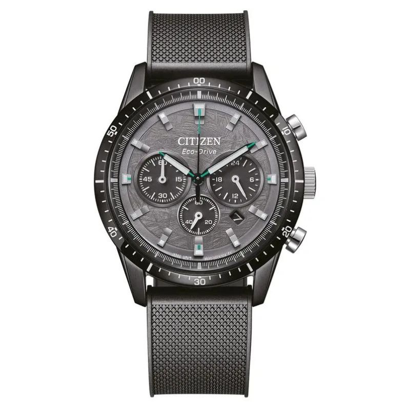 “Citizen CA4625-02H crni sportski hronograf sat, metalno kućište ~39,5 mm, siva brojčanik, gumeni remen, prikaz datuma i tri podbroja (24h, sekunde, hronograf).