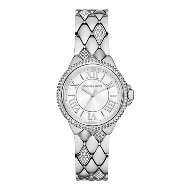 Michael Kors MK4804 ženski sat sa srebrnim kućištem i narukvicom s dijamantnim uzorkom i cirkonima, model Camille.
