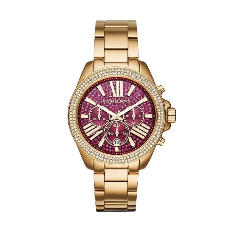 Michael Kors MK6290 ženski sat sa zlatnim kućištem i narukvicom, ljubičastim brojčanikom s pavé kristalima i bezelom ukrašenim cirkonima, model Parker.