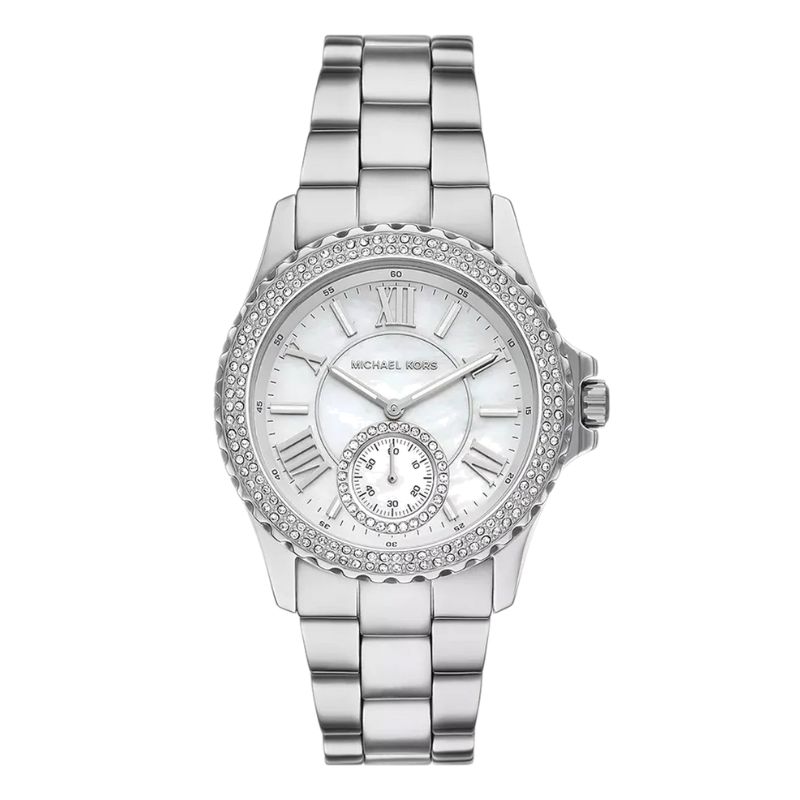 Michael Kors MK7403 ženski sat sa srebrnim kućištem, sedefnim brojčanikom i bezelom ukrašenim cirkonima, model Lauryn.