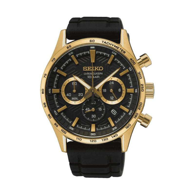 Seiko SSB446P1 muški hronograf, zlatno kućište, crni brojčanik, crna silikonska narukvica, safirno staklo, 43 mm, vodootporan 100 m.