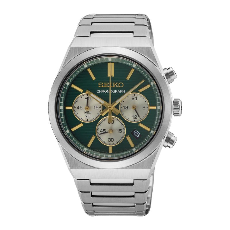 Seiko SSB461P1 muški hronograf sa zelenim brojčanikom i zlatnim detaljima, kućište i narukvica od nehrđajućeg čelika, 41 mm, Hardlex staklo, vodootporan 100 m.