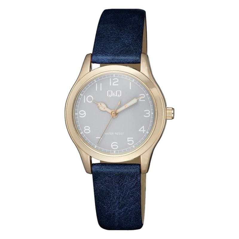 Q&Q QB93J115Y ženski sat sivi brojčanik plava kožna narukvica zlatno kućište