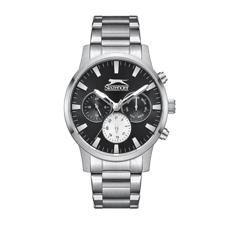 Slazenger stainless steel chronograph watch with black dial and three subdials on a white background.