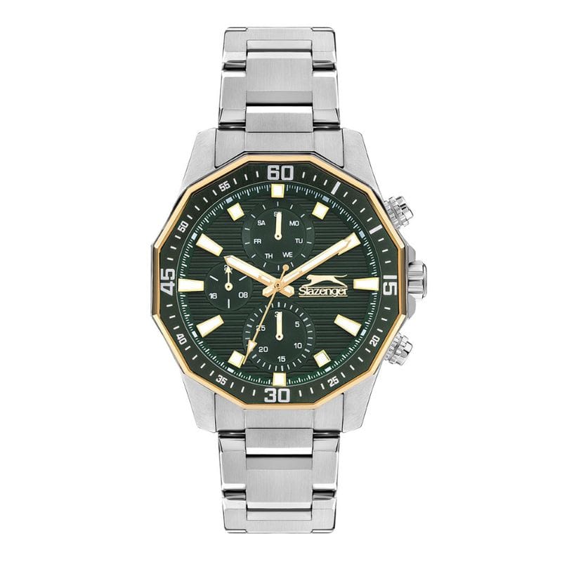 Slazenger SL.09.2297.2.07 muški sat zeleni brojčanik hronograf zlatni detalji metalna narukvica