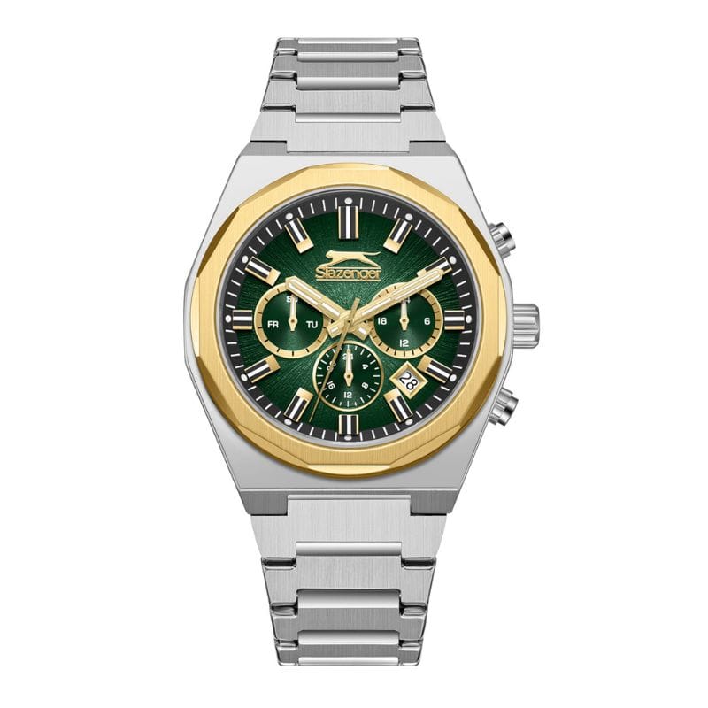 Slazenger SL.09.2398.2.05 muški sat zeleni brojčanik hronograf zlatni bezel metalna narukvica