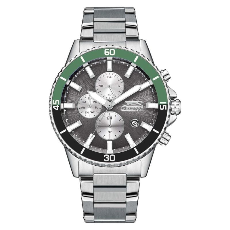 Slazenger SL.09.2410.2.03 muški sat sivi brojčanik zeleni bezel hronograf metalna narukvica