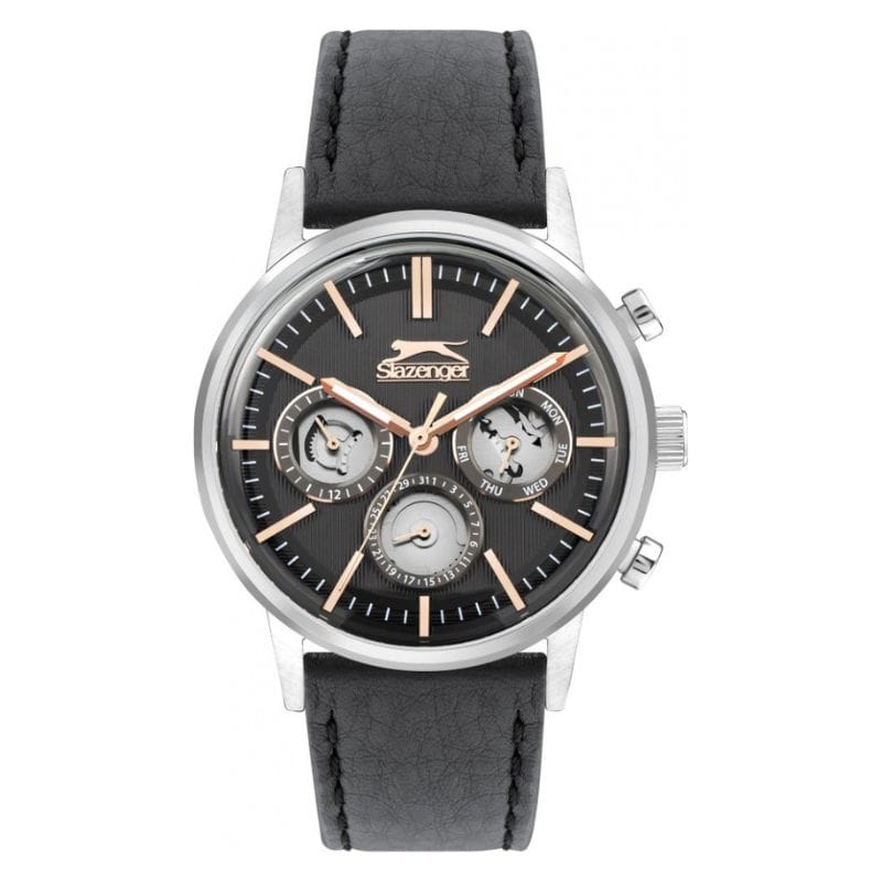 Slazenger SL.09.2302.2.03 muški sat crni brojčanik multifunkcionalni crni kožni kaiš