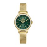 Gold-tone wristwatch with a green sunburst dial and gold mesh band, front view showing the crown on the right.