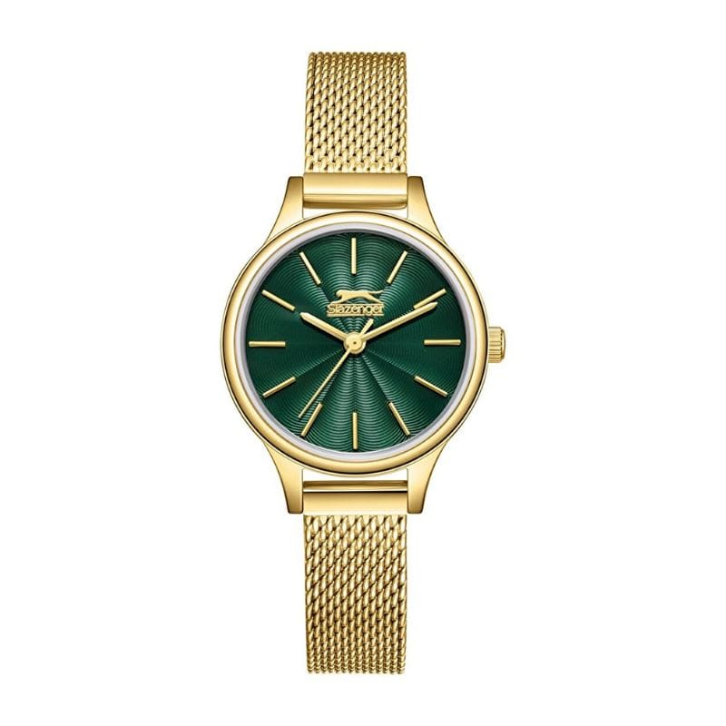 Gold-tone wristwatch with a green sunburst dial and gold mesh band, front view showing the crown on the right.