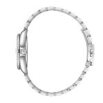 Side view of a silver wristwatch with a metal link bracelet and crown visible on the case