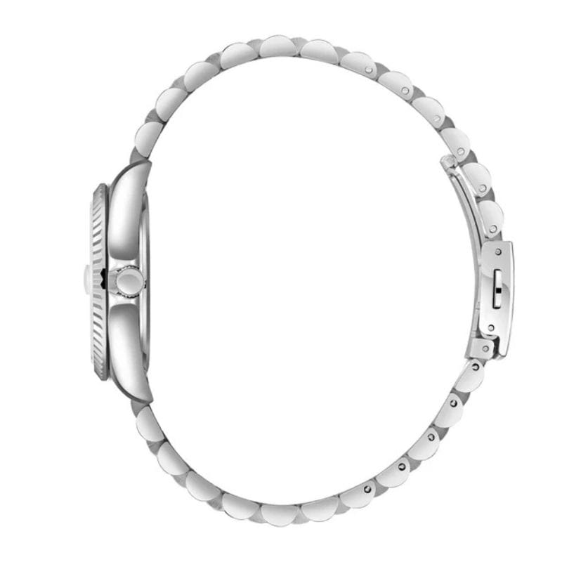 Side view of a silver wristwatch with a metal link bracelet and crown visible on the case