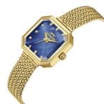 Gold-tone watch with a blue dial and crystal hour markers, Slazenger branding, and a woven gold bracelet.