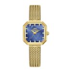 Gold-toned wristwatch with a blue dial, diamond-like hour markers, and a woven gold bracelet.