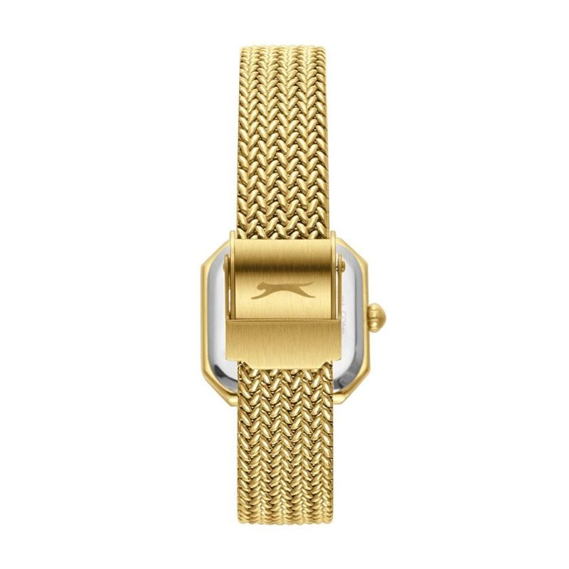 Gold woven metal watch band with a deployment clasp
