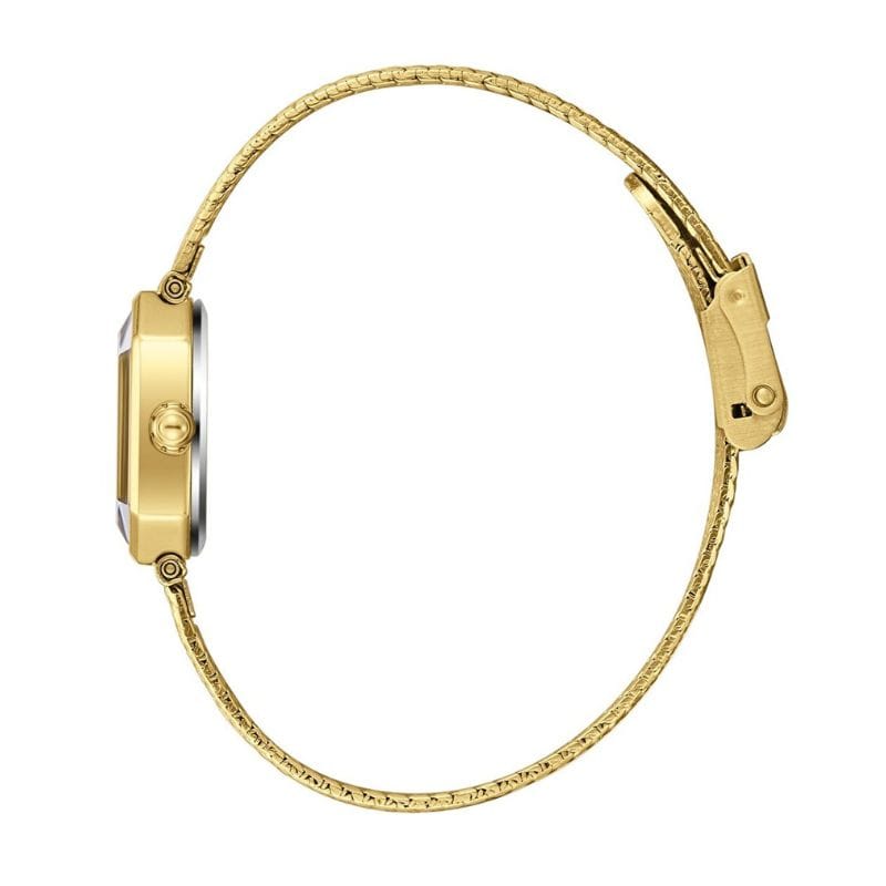 Gold-toned wristwatch with a round face and matching bracelet, shown in side profile with the crown on the left.