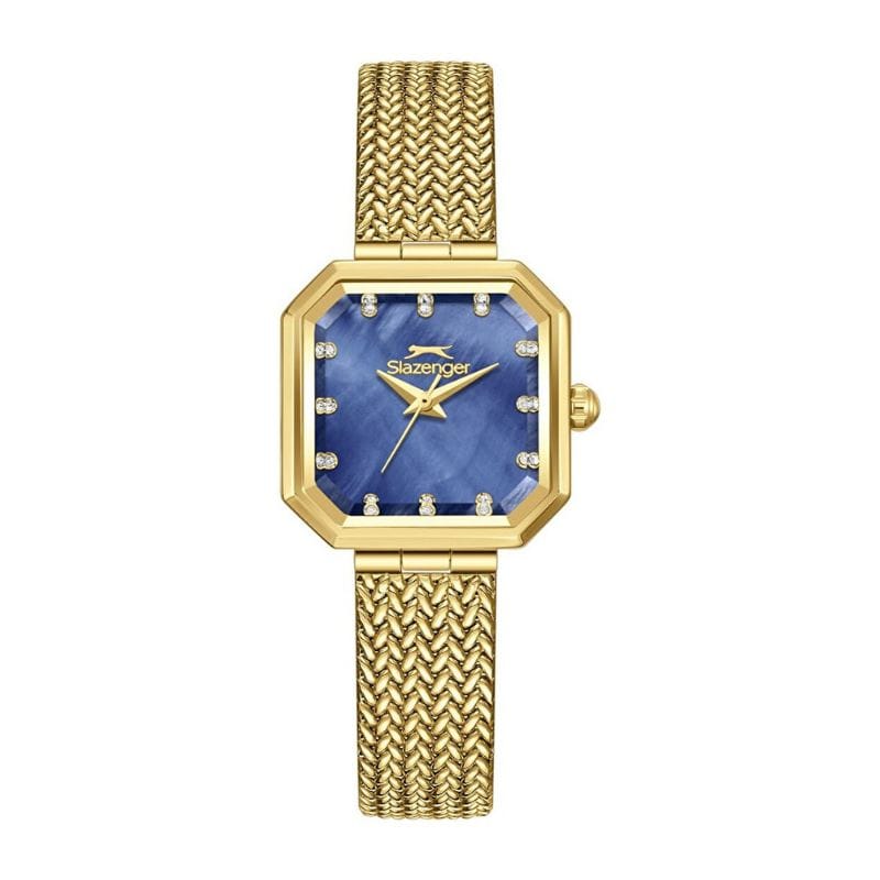 Gold-toned wristwatch with a blue dial, diamond-like hour markers, and a woven gold bracelet.